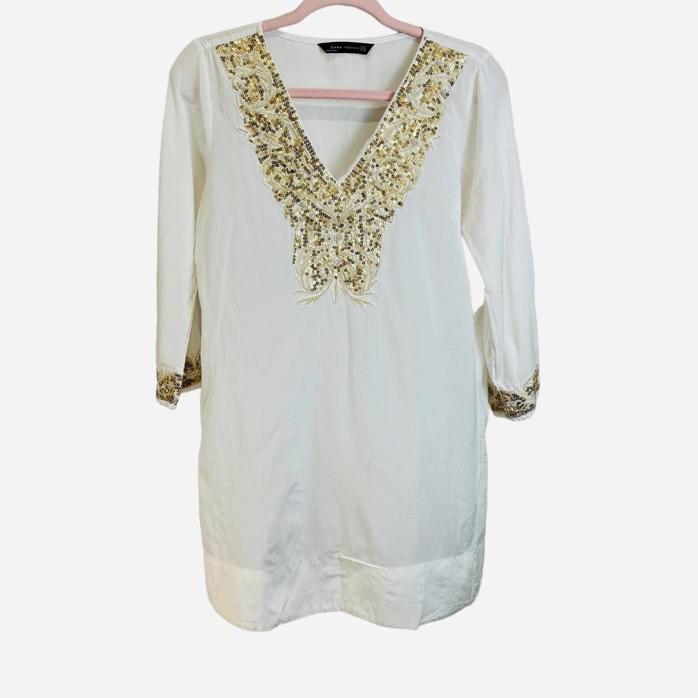 Womens Tunic Top Size M White 3/4 Sequins Sleeve Resort Vacation Cruise Beach